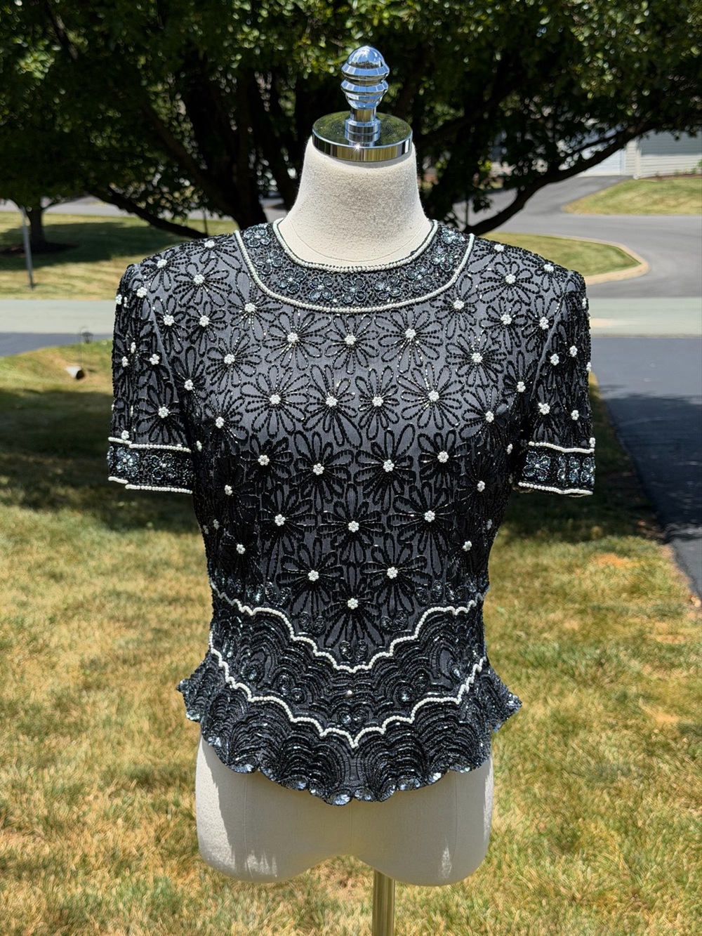 Vintage‎ Adrianna Papell Evening Silk Beaded Pearl Sequin Art Deco Gatsby Top